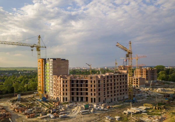 Aerial view of building site. Apartment or office building under