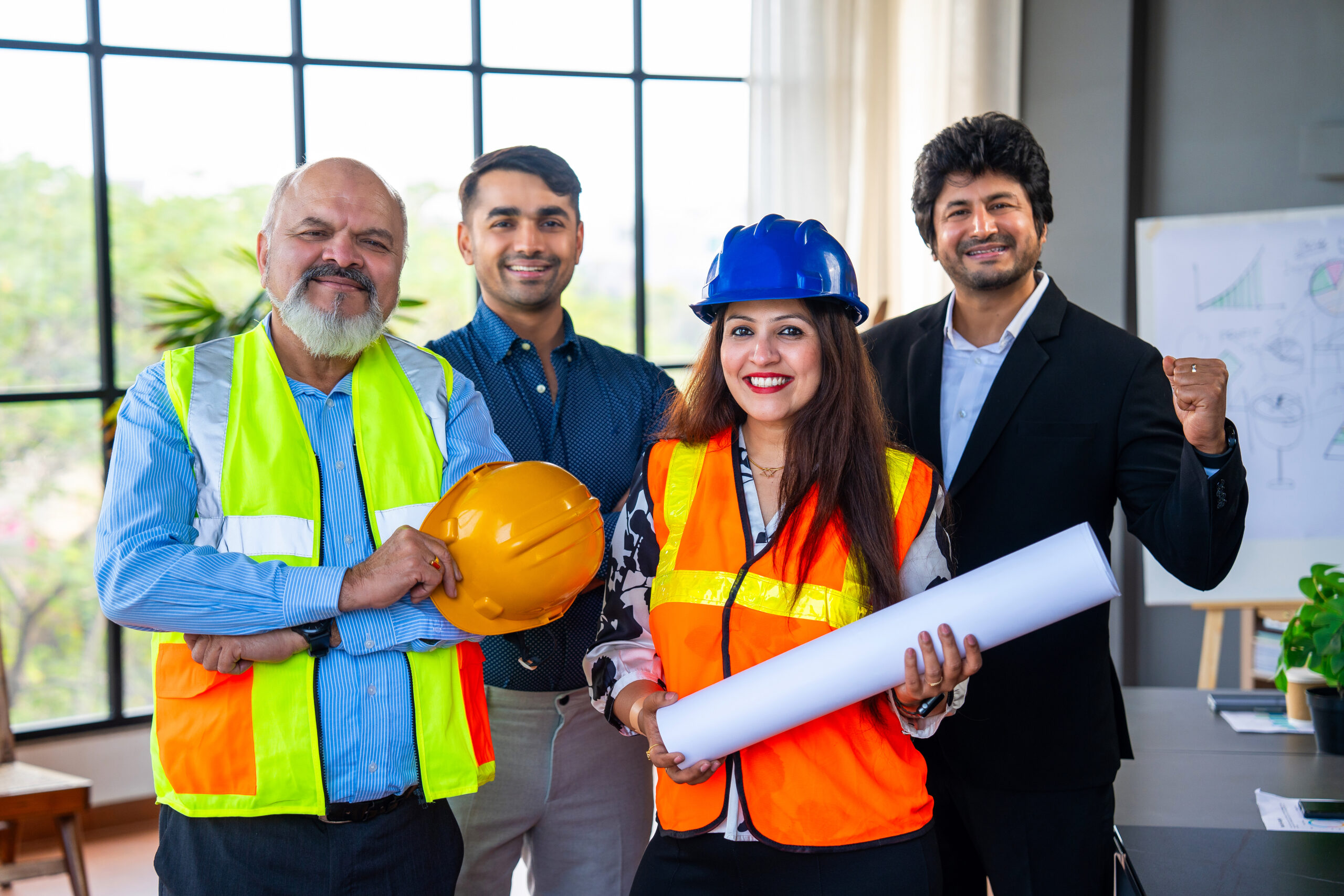 Indian Asian Confident civil engineers, architects in safety gear standing with folded arms indoors